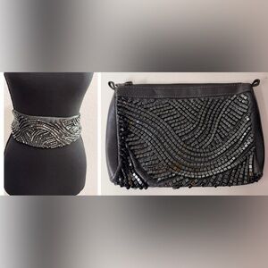 Tintoretto Charcoal Beaded Wrap Belt & Clutch Evening Chic Set